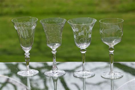 Vintage Etched Wine Glasses, Set of 4, Set of 4 Mis-Matched Etched Wine Glasses, Wine Glass ...
