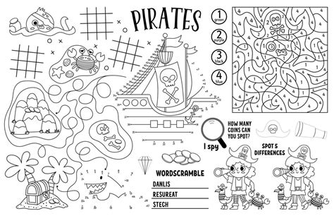 Vector pirate placemat for kids. Treasure hunt printable activity mat with maze, tic tac toe ...