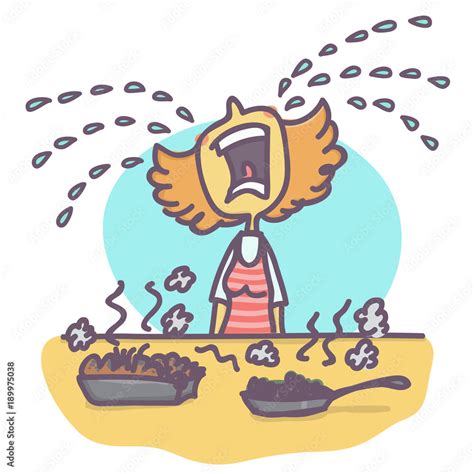 Woman crying big tears over burned food, funny vector cartoon Stock ...