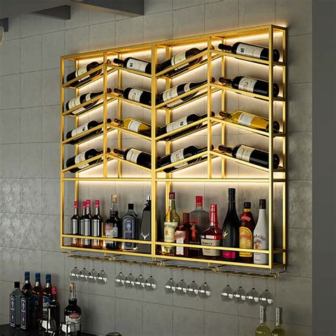 Industrial Wood & Metal Wall Mounted Gold Wine Rack with Glass & Bottle Rack - Kitchen & Dining ...