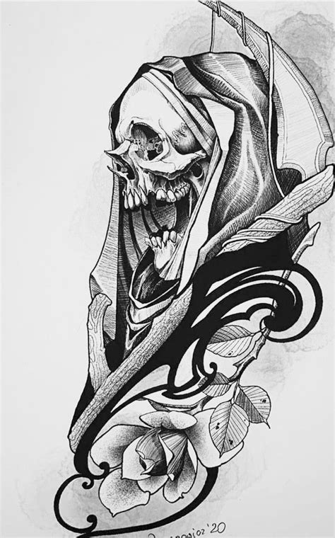 a black and white drawing of a skull with a rose on it's side