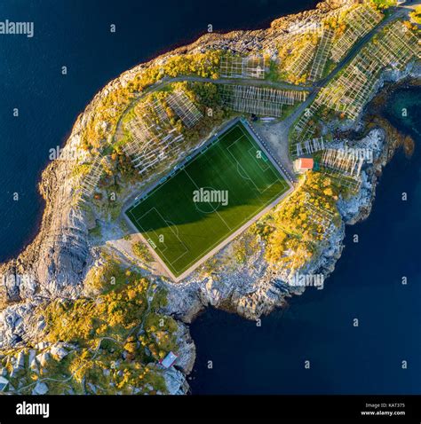 Football field in Henningsvaer from above. Henningsvaer is a fishing village located on several ...