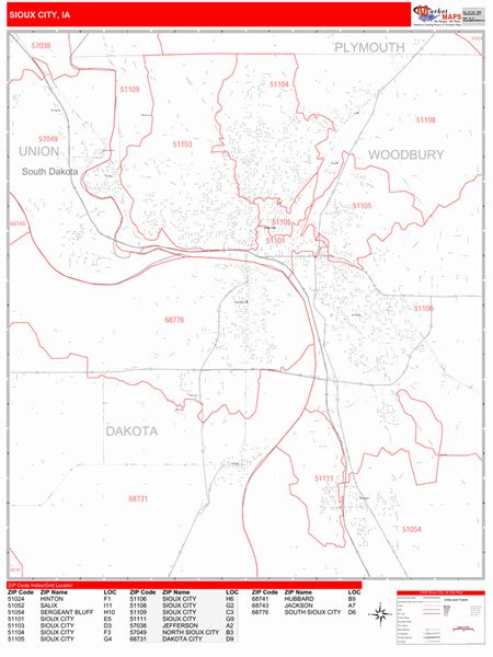 Sioux City Iowa Zip Code Wall Map (Red Line Style) by MarketMAPS