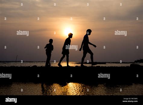 Silhouette group of child walking at sunset on the beach Stock Photo - Alamy