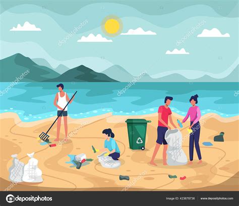 Beach Cleaning Vector Illustration People Collecting Trash Bags Beach ...