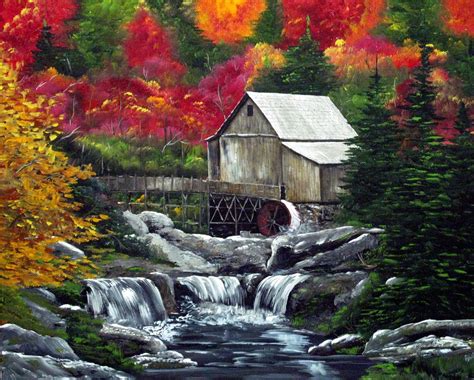 Art Print, Original acrylic print, water mill, stream, brook, fall leaves, autumn scene,old mill ...