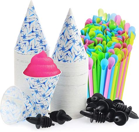 Set of 406- 200 Snow Cone Cups 6 Oz, and 200 Sno-Cone Spoon Drinking Straws, Assorted Neon ...