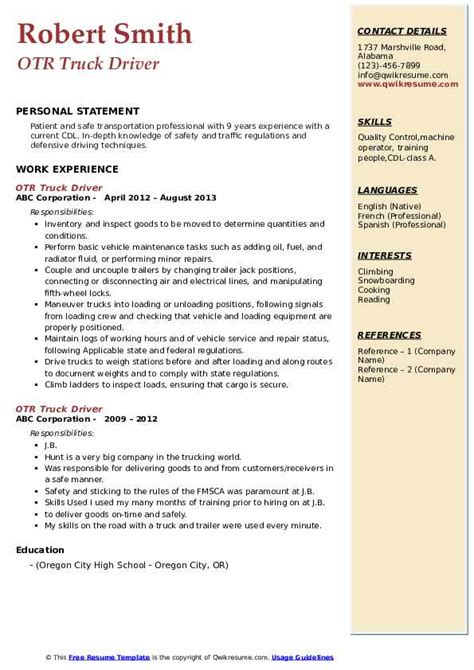 OTR Truck Driver Resume Samples | QwikResume