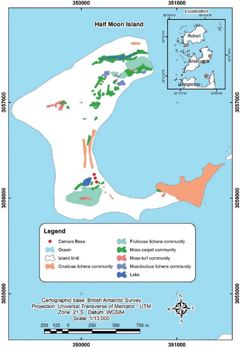 Distribution map of the plant communities on Half Moon Island, Antarctica. | Download Scientific ...