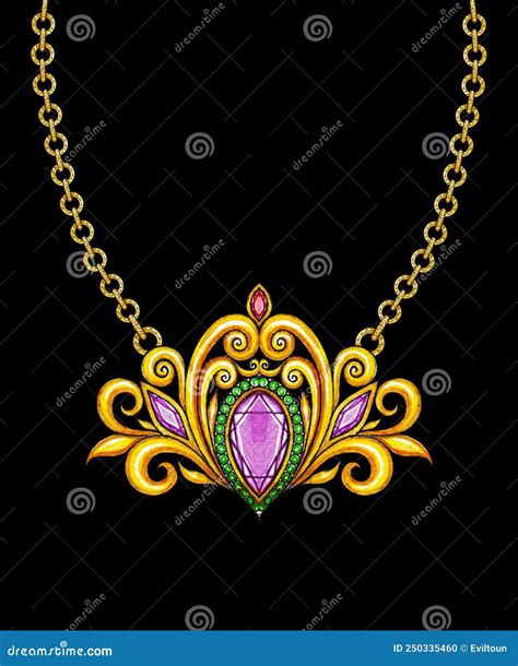 Jewelry Design Art Vintage Mix Gem Gold Necklace. Stock Illustration ...