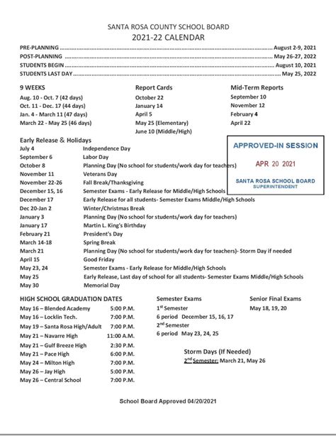 Santa Rosa County District Schools Calendar 2021-2022