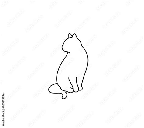 Vector isolated sitting cat silhouette contour line drawing. Colorless black line cat shadow ...