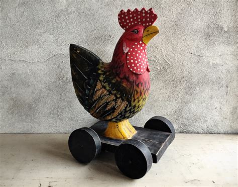 Wooden Rooster Statue on Wheels Chicken Folk Art, Primitive Decor ...