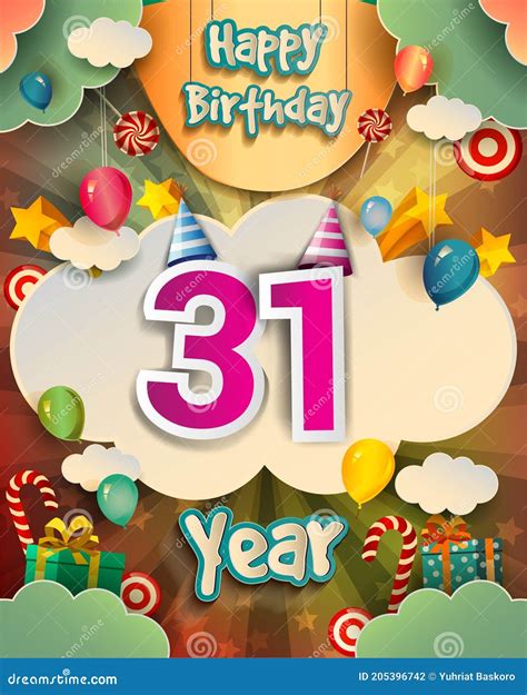 31st Birthday Celebration Greeting Card Design, with Clouds and Balloons. Vector Elements for ...