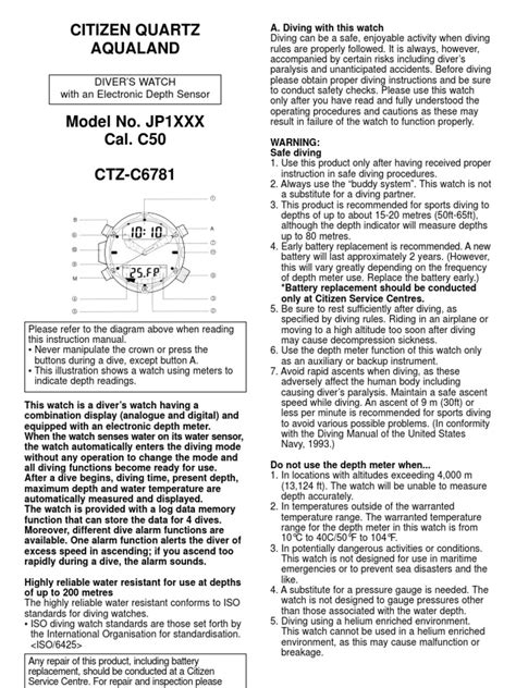 Citizen Instruction Manual C500 | PDF | Underwater Diving | Watch