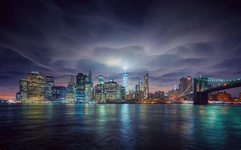 Download Brooklyn Bridge Light City Bridge Night Skyline Man Made New York HD Wallpaper