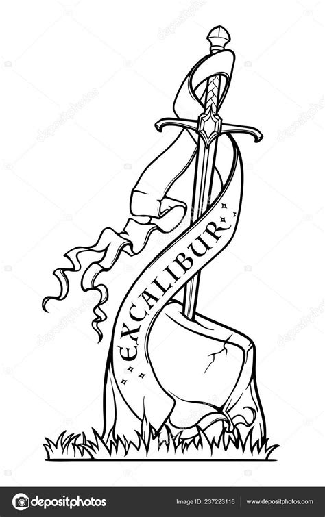 Excalibur Sword trapped in stone. Decorative banner. Iconic scene from the Medieval European ...