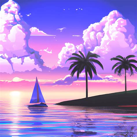 Vaporwave Beach Sunset z żaglówkami · Creative Fabrica