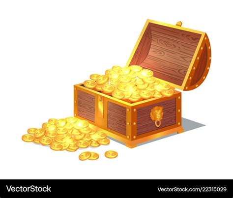 Shiny gold ancient coins in old open wooden chest Vector Image