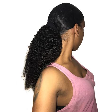 Kinky Curly Ponytail For Women Brazilian 3B 3C Natural Black Clip In Ponytails Human Hair ...