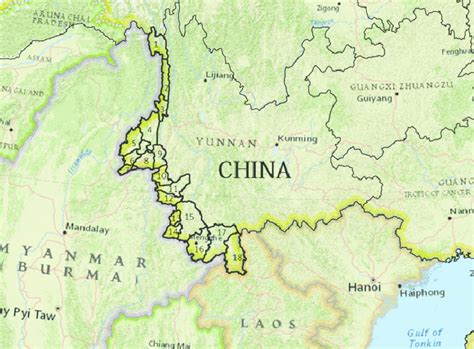 Mapping of 18 counties at the China–Myanmar border. Numbers indicated... | Download Scientific ...