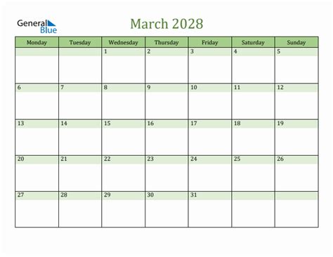 Fillable March 2028 Calendar