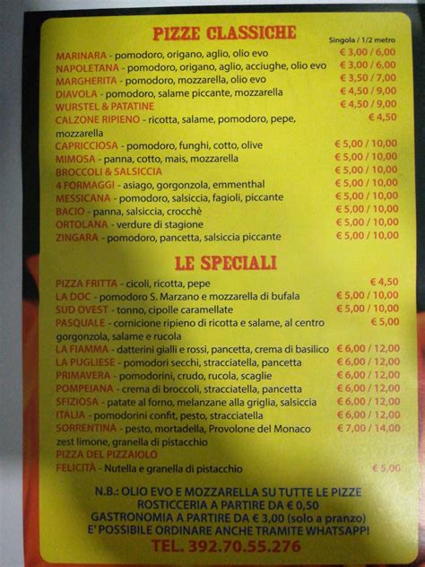 Menu at La fiamma restaurant, Pompeii