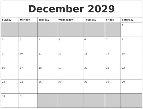 December 2029 Blank Printable Calendar