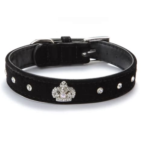 Velour Pet Puppy Dog Collar with Crown Charm Bling Dog Leather Collars Flocked Pets Cats Leather ...