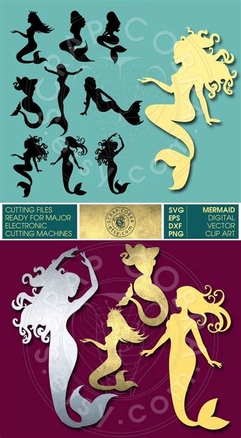 Mermaid Silhouettes Clip Art - SVG, eps, DXF, PNG Cut Files - Digital ...