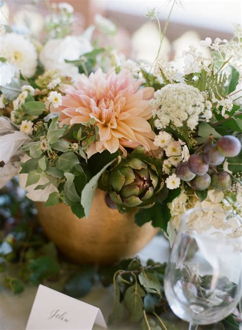 Late summer centerpiece featuring Cafe Au Lait dahlias, plumbs ...