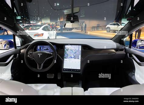 BRUSSELS - JAN 9, 2020: Tesla Model X car model interior dashboard view showcased at the ...