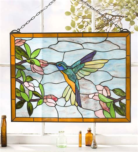 Stained Glass Hummingbird Art Panel with Metal Frame and Chain | Spring ...