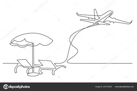 Continuous Line Drawing Beach Chairs Umbrella Passenger Jet Stock Vector by ©OneLineStock 227310408