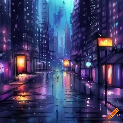 Night rainy anime city background on Craiyon