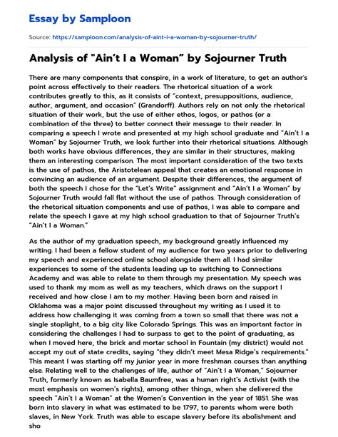 ≫ Analysis of "Ain’t I a Woman” by Sojourner Truth Free Essay Sample on Samploon.com