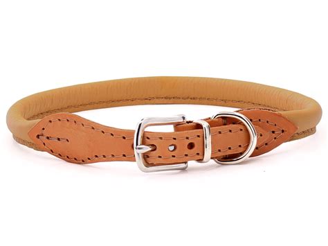 Tan Rolled Leather Dog Collar - Round Dog Collar - Long hair dogs