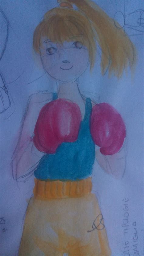 a drawing of a girl with boxing gloves on her chest and arms behind her back