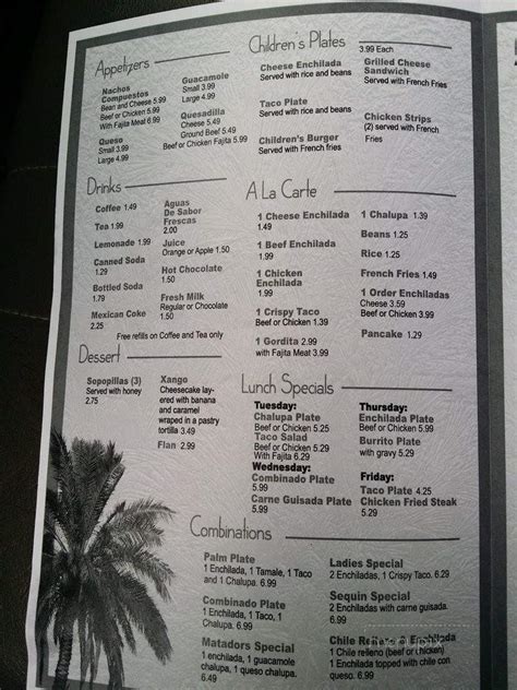 Online Menu of The Palms, Seguin, TX