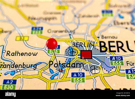 Potsdam map. Close up of Potsdam map with red pin. Map with red pin point of Potsdam in Germany ...