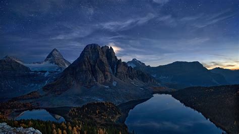 Landscape Of Forest Lake Mountain During Nighttime Under Starry Sky HD Nature Wallpapers | HD ...