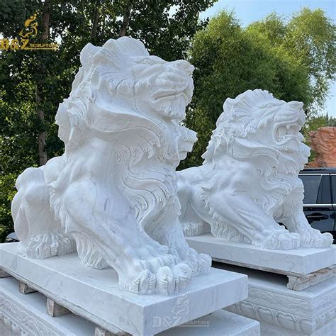 Outdoor sitting white marble lion statue pair