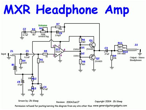 This is the schematic of MXR headphone amp for guitar. Description from groupdiy.com. I searched ...