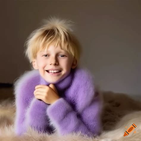 Blond boy in fuzzy lilac mohair sweater lying on fur rug on Craiyon