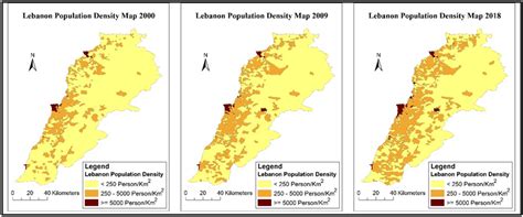 Maps of Lebanese population density over years: 2000, 2009 and 2018 ...