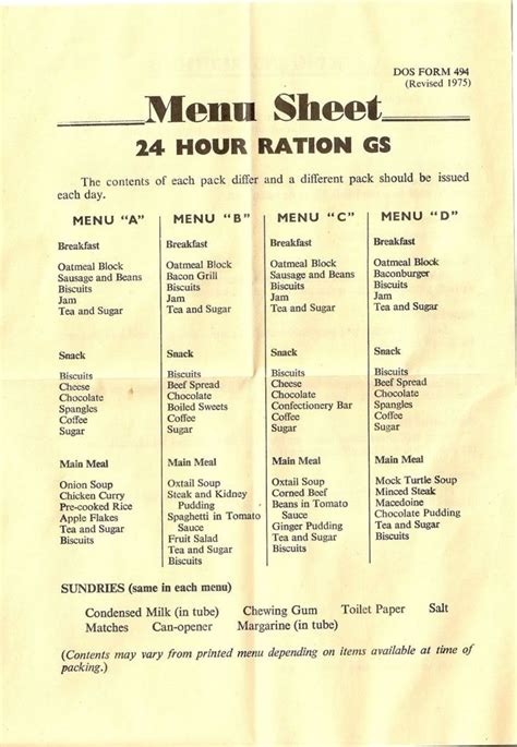 1975 24 Hour Ration GS Menu | International recipes, Oatmeal breakfast, Food