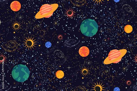 Space print. Seamless vector pattern. Different colored planets of the ...