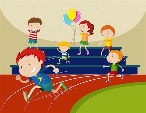 Children running in front of school | Premium Vector