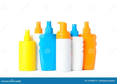 Many Different Sunscreen Sprays Isolated on White Background. Summer Vacation Stock Photo ...