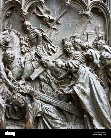 Bronze relief sculpture depicting Christ's life on bronze doors Milan cathedral Milano Lombardy ...